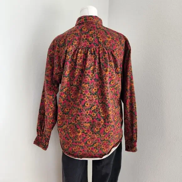 Vintage 90s Land's End Red Green Orange Autumn Fall Floral Button Down Shirt L - Picture 8 of 9